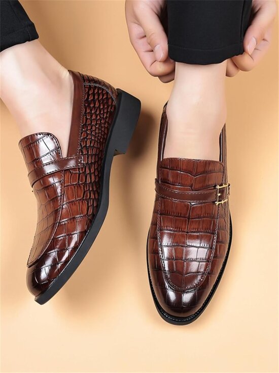Vintage Crocodile Print Slip-On Dress Shoes for Men | Leather Loafers, Business main image 4